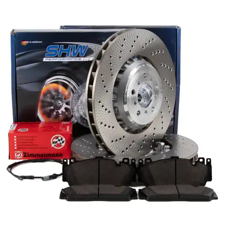 SHW Bremsscheiben + ZIMMERMANN Bremsbel&auml;ge + Sensor f&uuml;r BMW 5er F10 M5 6er F12 F13 vorne