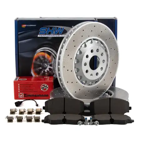 SHW Brake Discs + ZIMMERMAN Brake Pads + Sensor for VW Golf 8 GTI/R and Audi S3 8Y (front)