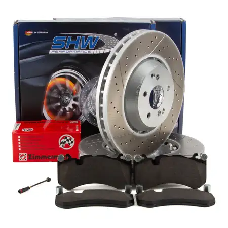 SHW Bremsscheiben + ZIMMERMANN Bel&auml;ge + Sensor f&uuml;r MERCEDES W204 W211 W212 63AMG vorne