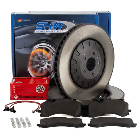 SHW Bremsscheiben + ZIMMERMANN Bremsbel&auml;ge + Sensor f&uuml;r AUDI Q7 SQ7 4M VW Touareg CR vorne