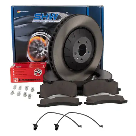 SHW Bremsscheiben + ZIMMERMANN Bremsbel&auml;ge + Sensor f&uuml;r AUDI A6 C8 A7 4K A8 4N vorne