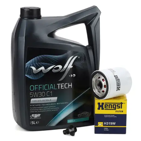 5L WOLF OFFICIALTECH 5W30 C1 Engine Oil + HENGST Oil Filter for FORD C-Max, Fiesta, Focus, S-Max