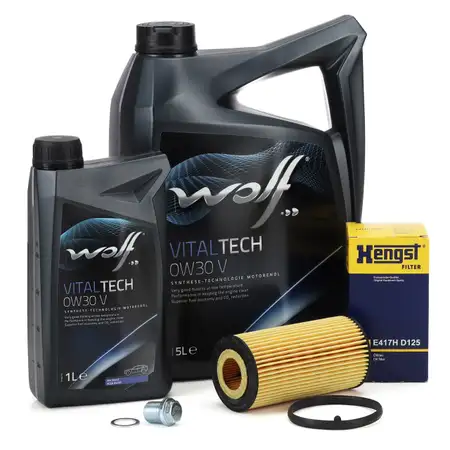 6L WOLF VITALTECH 0W30 5 Motor&ouml;l + HENGST &Ouml;lfilter f&uuml;r VOLVO S40 S60 S80 V40 V50 V60 XC60