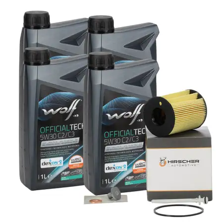 4x WOLF 5W30 C2/C3 Motor&ouml;l + HIRSCHER &Ouml;lfilter FIAT FORD MINI PSA 1.4/1.5/1.6 DIESEL