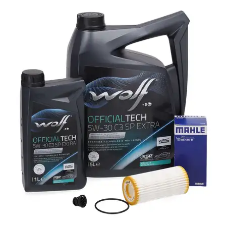 6 bottles of WOLF 5W-30 C3 SP EXTRA engine oil + MAHLE oil filter for VW Golf 7, 8, and Passat B8 1.8/2.0 TFSI