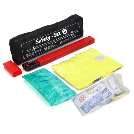 3in1 Erste Hilfe Verbandtasche SCHWARZ (MHD 03.2030) + Warnweste + GELB Warndreieck