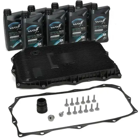 Getriebe&ouml;lwanne + Dichtung + Filter + 8L WOLF Getriebe&ouml;l f&uuml;r BMW 8-Gang 8HP45-75