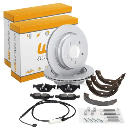 Bremsscheiben + Bremsbel&auml;ge + Sensor + Bremsbacken f&uuml;r BMW X1 E84 ab 03.2010 hinten