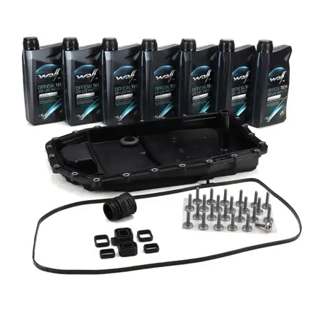 Getriebe&ouml;lwanne + 7L WOLF Getriebe&ouml;l f&uuml;r BMW E81-88 E90-93 E39 E60/61 E63 X1-6 6HP19 6HP21