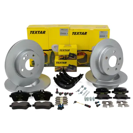 TEXTAR Brake Discs + Pads + Sensor Clamps for MERCEDES A150/160 A160CDI (Front and Rear)