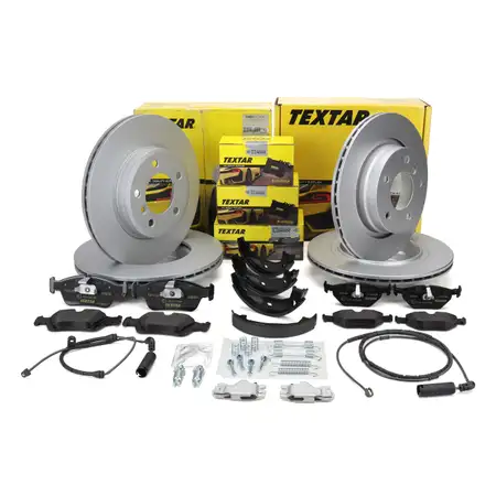 TEXTAR Bremsscheiben + Bel&auml;ge + Sensor + Backen f&uuml;r BMW 3er E46 325/328i 320d vorne hinten