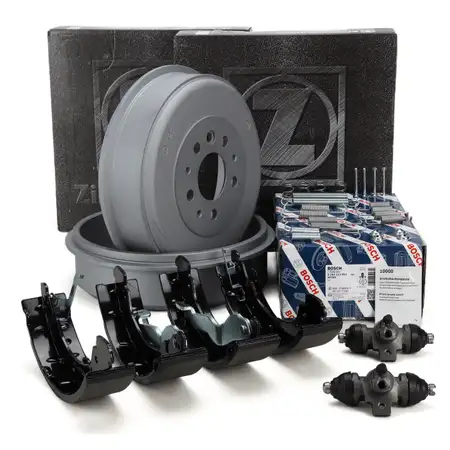 ZIMMERMANN brake drums + BOSCH brake shoes + rear wheel brake cylinders for VW Transporter T4