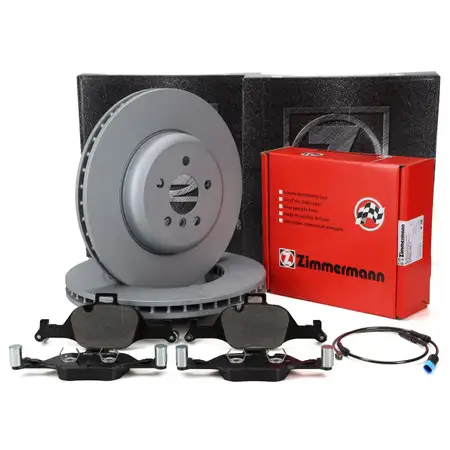 ZIMMERMANN Brake Discs + Brake Pads + Sensor for BMW X5 xDrive 30i, 40i, 25d, 30d (Front)