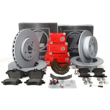 ZIMMERMANN Bremsscheiben + Bremsbel&auml;ge + Sensor + Backen f&uuml;r MERCEDES W169 vorne + hinten