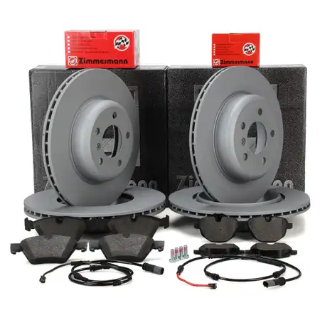 ZIMMERMANN Bremsscheiben + Bel&auml;ge + Sensor f&uuml;r BMW 5er 520i 523i 518d 520d vorne + hinten