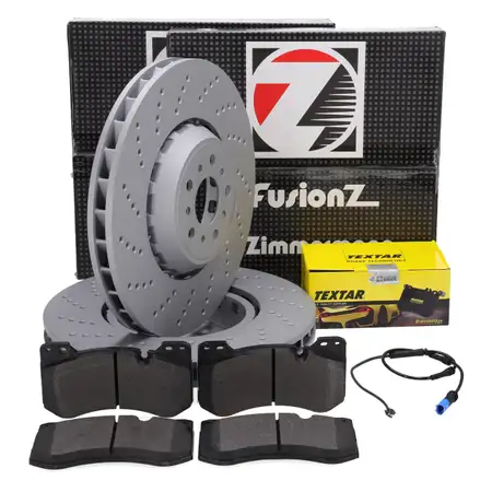 Zimmermann FORMULA Z Bremsscheiben + TEXTAR Bremsbel&auml;ge + Sensor f&uuml;r BMW M2 M3 M4 vorne
