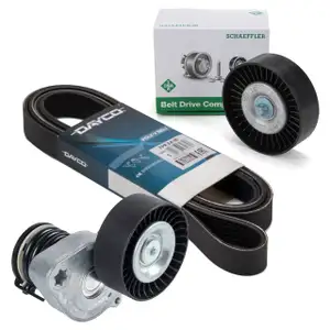 DAYCO Keilrippenriemen + febi Riemenspanner + INA Rolle für MERCEDES W203 W204 W211 M271