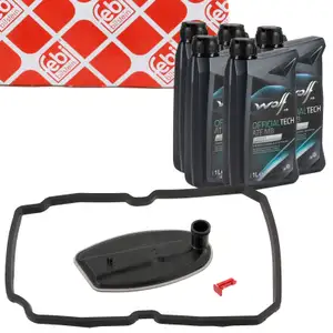 febi Getriebefilter Satz Automatikgetriebe + 5L WOLF Getriebeöl für MERCEDES 5-Gang 722.6