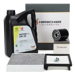 HIRSCHER Filterset + 5L ORIGINAL 0W20 Motor&ouml;l f&uuml;r OPEL Karl C16 1.0/LPG 73/75 PS