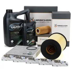 HIRSCHER Filterset 5x ORIGINAL Z&uuml;ndkerze 6L WOLF ECOTECH 0W40 FE Motor&ouml;l f&uuml;r FORD Focus 2