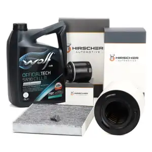 HIRSCHER Filterset + 5L WOLF 5W30 C3 LL 3 Motor&ouml;l f&uuml;r VW Polo 5 A1 IBiza Fabia 1.2/1.4 TSI