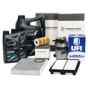 HIRSCHER Filterset 4-tlg + 7L WOLF 5W30 C4 Motor&ouml;l f&uuml;r NISSAN Qashqai 2 1.6 dCi 05.2014