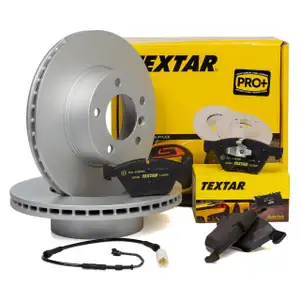 TEXTAR Bremsscheiben + Bel&auml;ge + Warnsensor f&uuml;r BMW 1er E81-88 3er E90-93 ab 03.2010 vorne