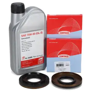 2x CORTECO Wellendichtring Differential + 1L febi Getriebeöl für BMW LAND ROVER
