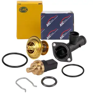 AIC Thermostat + Wasserflansch + HELLA Sensor für VW Golf 5 Passat B6 Touran 1.9/2.0 TDI