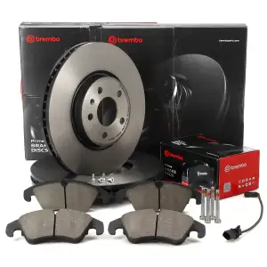 BREMBO Bremsscheiben + Bel&auml;ge + Sensor f&uuml;r AUDI A4 B8 A5 A6 C7 A7 Q5 8RB ab 07.2011 vorne