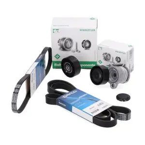 2x DAYCO Keilrippenriemen + INA Spanner + Rolle f&uuml;r BMW 1er E87 3er E90 E91 18d 20d M47