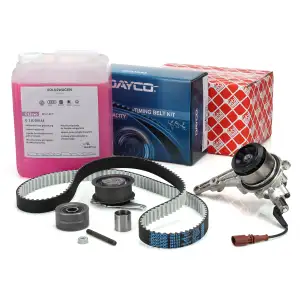 DAYCO Zahnriemensatz + febi Wapu + 5L ORIGINAL Frostschutz für VW Golf 8 Passat 2.0 TDI