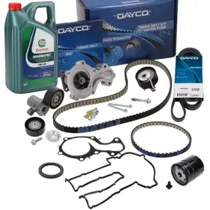 DAYCO Zahnriemensatz + Wapu + Keilrippenriemensatz 5L CASTROL 5W20 f&uuml;r FORD 1.0 EcoBoost