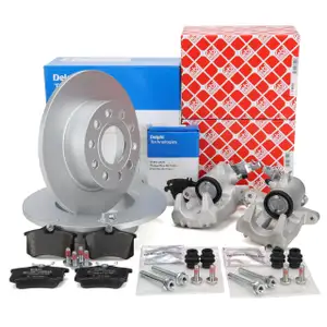 DELPHI Bremsscheiben + Bel&auml;ge + febi Bremssattel f&uuml;r VW Golf 5 6 8P Leon Octavia 2 hinten