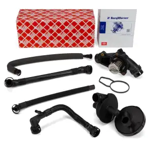 BORGWARNER Thermostat + febi Rep.-Satz Kubelgehäuseentlüftung für BMW E46 E39 E60 M52 M54