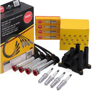 HELLA Z&uuml;ndspule + NGK Kabelsatz + 4x Z&uuml;ndkerze f&uuml;r FORD Fiesta 5 1.3 60/69 PS Ka 1.3/1.6i