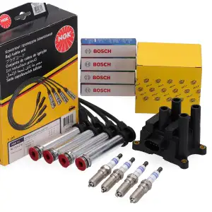 HELLA Z&uuml;ndspule + NGK Kabelsatz + 4x BOSCH Z&uuml;ndkerze f&uuml;r FORD Fiesta 5 1.3 60/69 PS Ka RB_