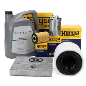 HENGST Filterset 4-tlg + 5L ORIGINAL 0W30 Motor&ouml;l f&uuml;r VW Polo 5 8X Ibiza 4 Fabia 2 1.6 TDI