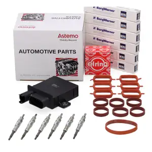 HITACHI ASTEMO Steuerger&auml;t Gl&uuml;hzeit + 6x BERU Gl&uuml;hkerze + ELRING Dichtungen f&uuml;r BMW M57