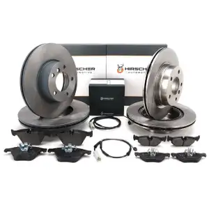 HIRSCHER Bremsscheiben + Bel&auml;ge + Sensor f&uuml;r BMW E90-93 325i 320d 04.2011 vorne + hinten