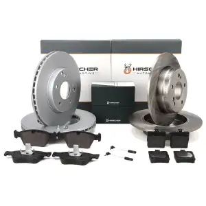 HIRSCHER Bremsscheiben + Bel&auml;ge + Sensor f&uuml;r MERCEDES CLK 200/230 Kompresor vorne hinten