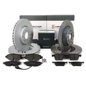 HIRSCHER Bremsscheiben + Bel&auml;ge + Sensor f&uuml;r VW Golf 7 Passat B8 Tiguan 8V vorne + hinten