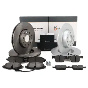 HIRSCHER Bremsscheiben + Beläge + Sensor für VW Golf 7 A3 8V Leon 5F Karoq vorne + hinten