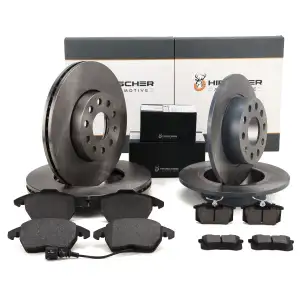 HIRSCHER Bremsscheiben + Bel&auml;ge + Sensor f&uuml;r AUDI 8P Altea Leon 1P 2 vorne + hinten