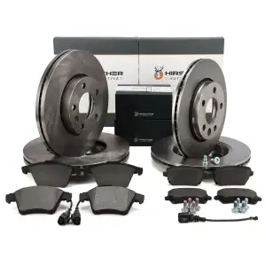 HIRSCHER Bremsscheiben + Bel&auml;ge + Sensor f&uuml;r VW MULTIVAN Transporter T5 2E3 vorne + hinten