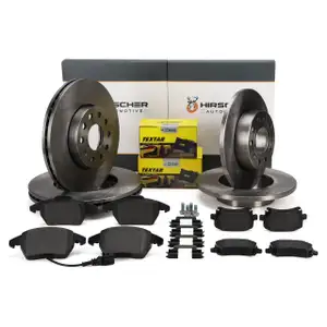HIRSCHER Bremsscheiben + TEXTAR Bel&auml;ge + Sensor f&uuml;r VW Golf 6 Caddy 3 vorne + hinten