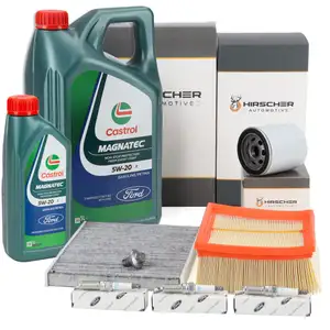 HIRSCHER Filterset + 3x ORIGINAL Z&uuml;ndkerze + 6L CASTROL 5W20 Motor&ouml;l f&uuml;r FORD 6 MK6 1.0