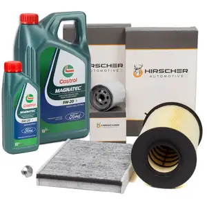HIRSCHER Filterset + 6L CASTROL 5W20 Motor&ouml;l f&uuml;r FORD Focus 3 Grand/C-Max 2 1.0 EcoBoost