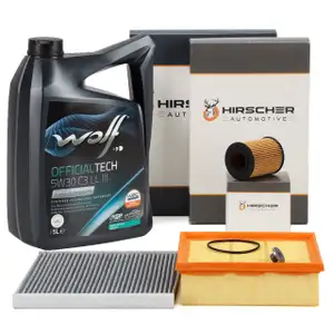 HIRSCHER Filterset + 5L WOLF 5W30 Motor&ouml;l f&uuml;r OPEL Corsa D 1.0 1.2 1.4 bis Motor 19MA9234