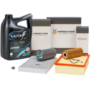 HIRSCHER Filterset 4-tlg + 5L WOLF 5W30 C3 LL III Motor&ouml;l f&uuml;r AUDI A4 8E B6 B7 1.9/2.0 TDI